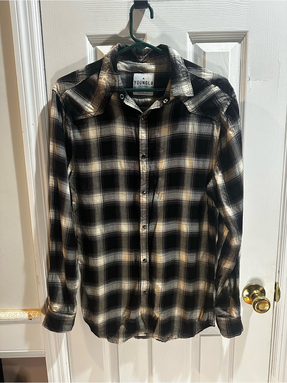 Youngla Black Plaid Long Sleeve Button Up‎ Pearl Snaps Viscose Western Small